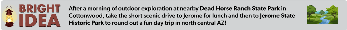 After a morning of outdoor exploration at nearby Dead Horse Ranch State Park in  Cottonwood, take the short scenic drive to Jerome for lunch and then to Jerome State  Historic Park to round out a fun day trip in north central AZ!