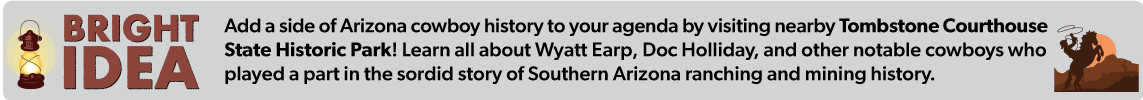 Add a side of Arizona cowboy history to your agenda by visiting nearby Tombstone Courthouse State Historic Park! Learn all about Wyatt Earp, Doc Holliday, and other notable cowboys who  played a part in the sordid story of Southern Arizona ranching and mining history. 