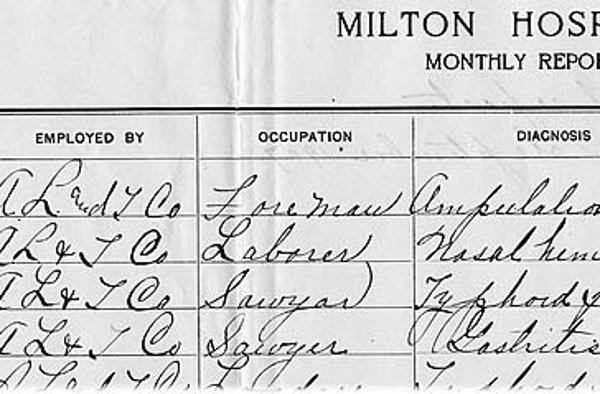 Monthly Report from the Milton Hospital shows records of each hospitalized employee's occupation, diagnosis, enter and discharge dates.