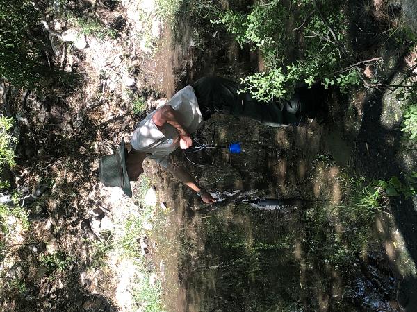 A woman stands in the spring to monitor the water